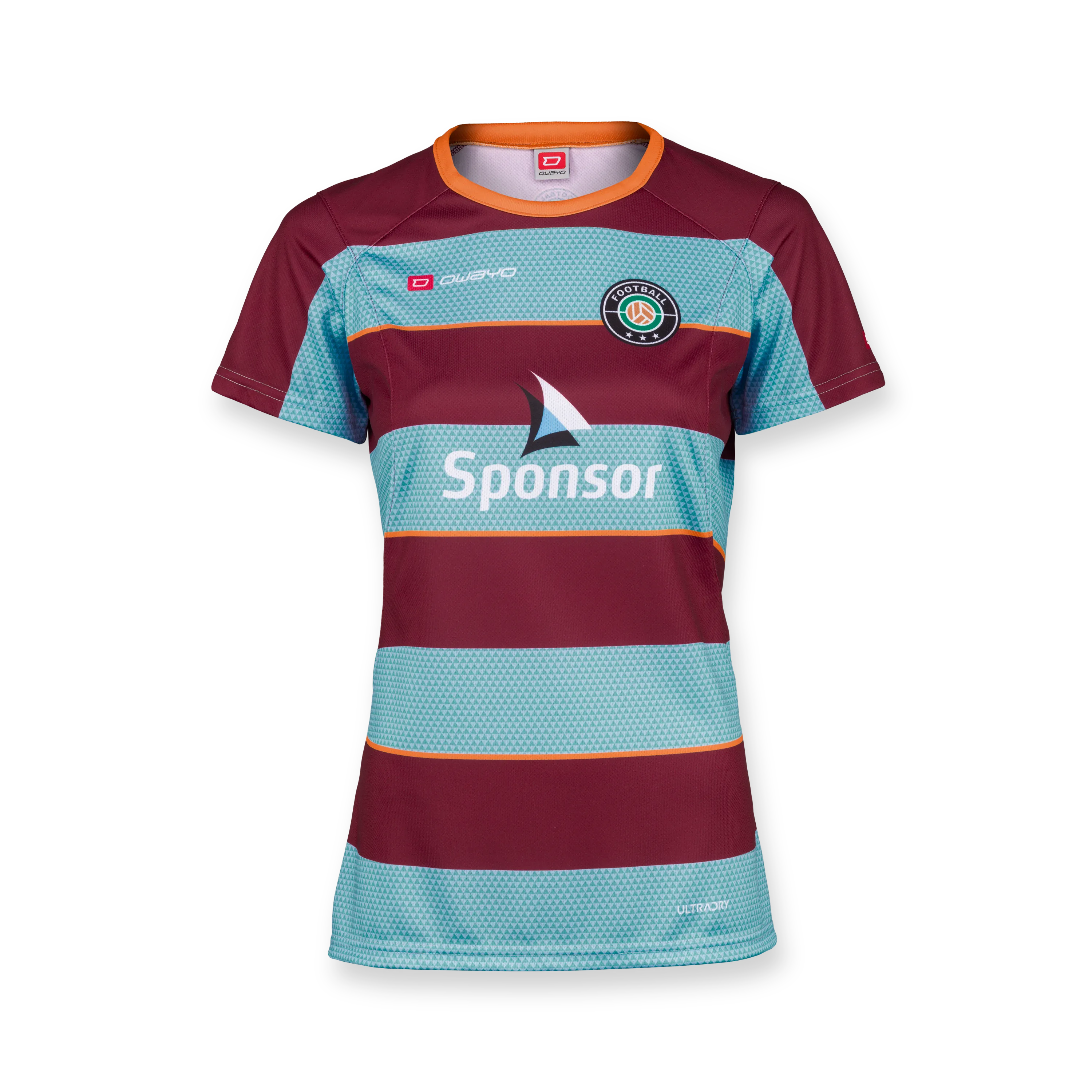 Ein rot-blau gestreiftes Sporttrikot mit einem runden Halsausschnitt und einem Sponsorenlogo auf der Vorderseite.
