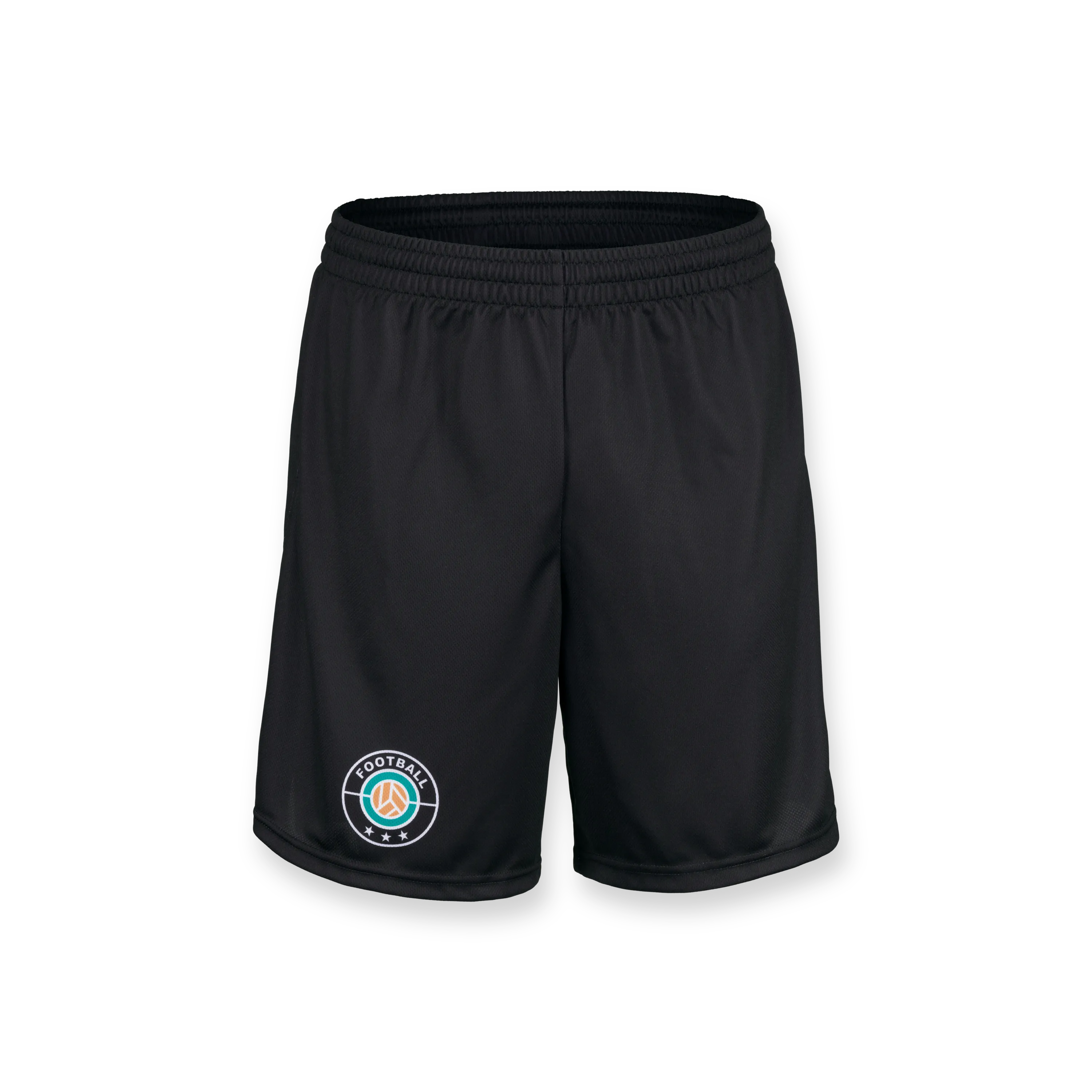 Schwarze Sportshorts mit elastischem Bund und einem Logo auf der linken Seite.