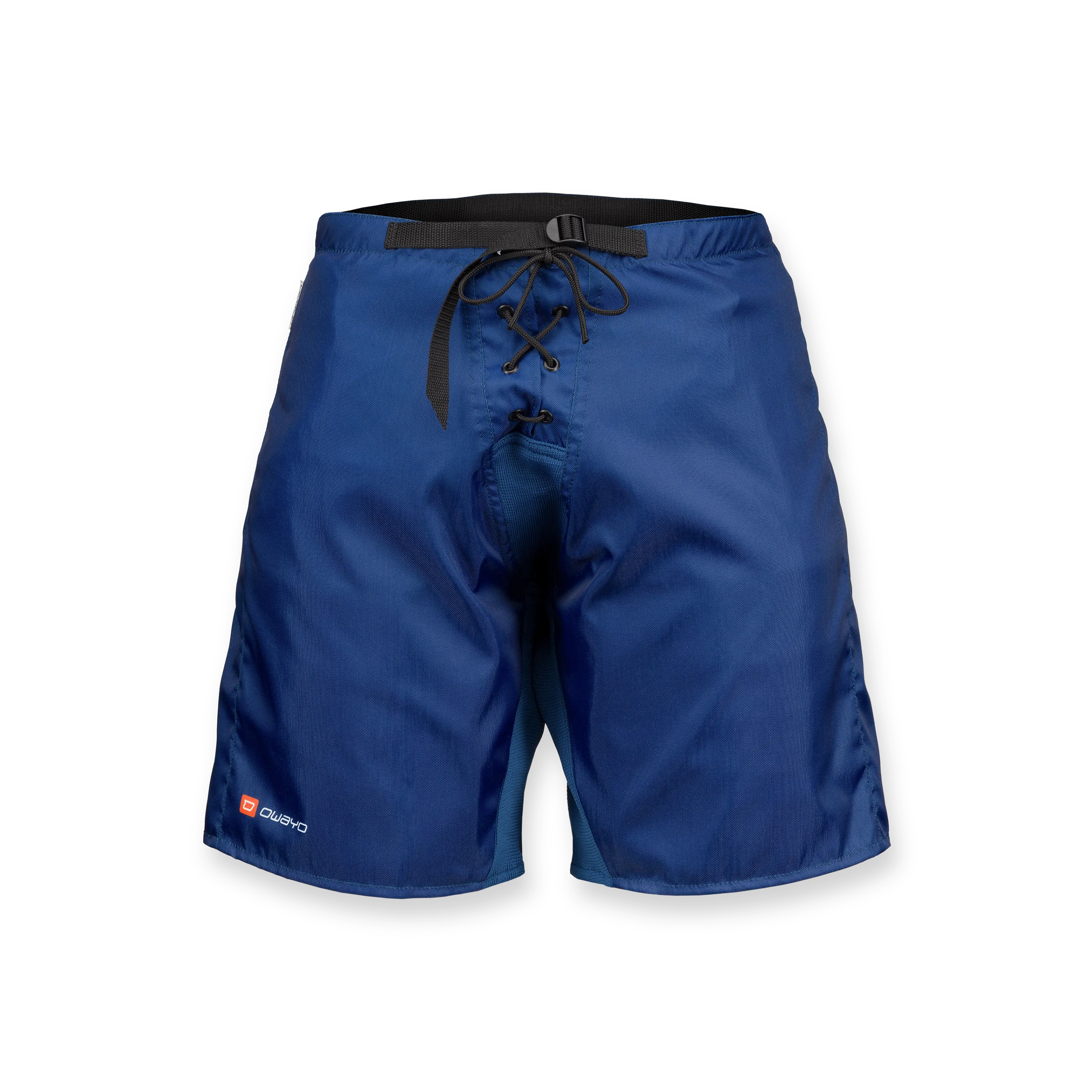 Eine Vorderansicht von blauen Sportshorts mit einem Kordelzug und einem elastischen Bund.