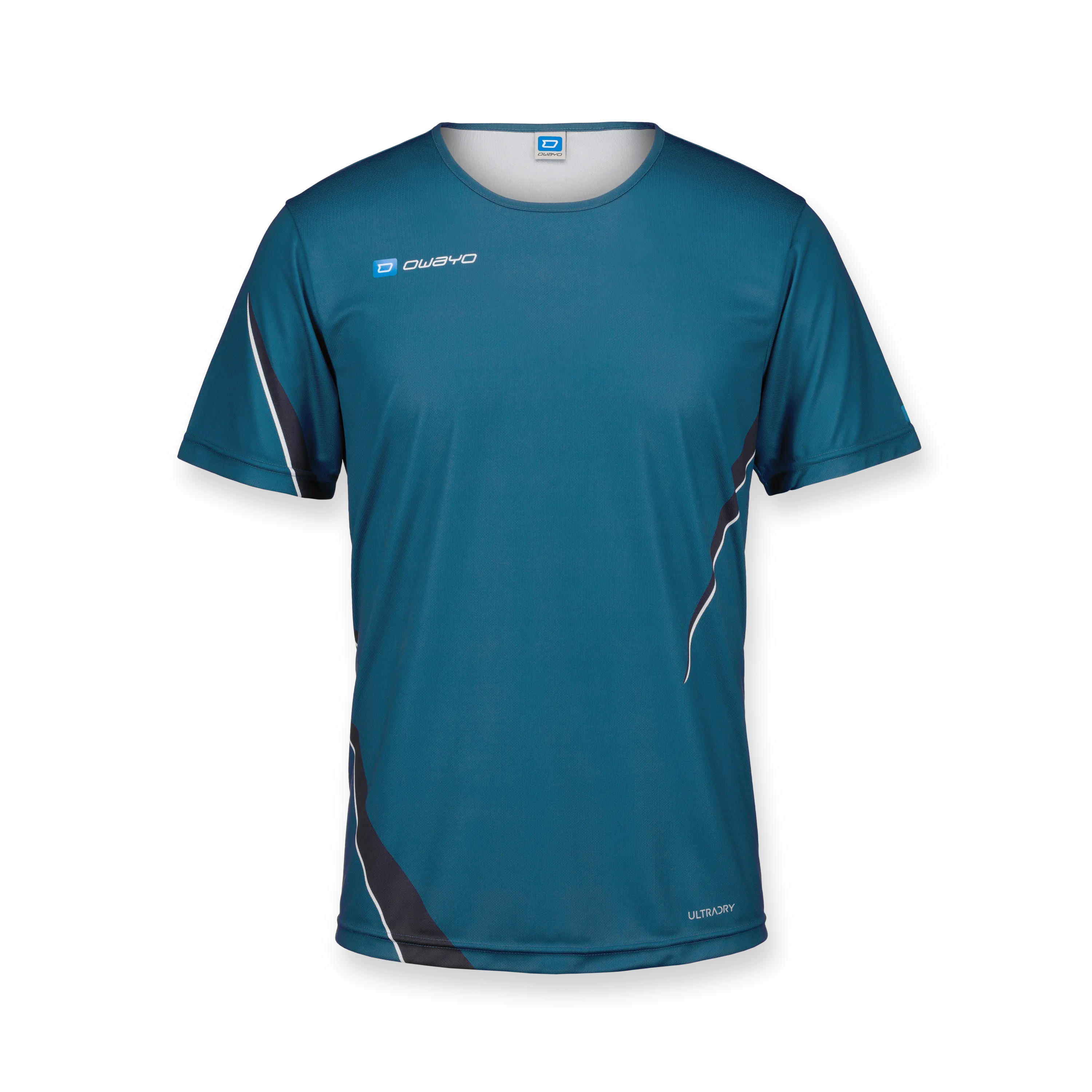 Ein kurzes, blaues Sportshirt mit weißen und schwarzen Akzenten, ideal für sportliche Aktivitäten.