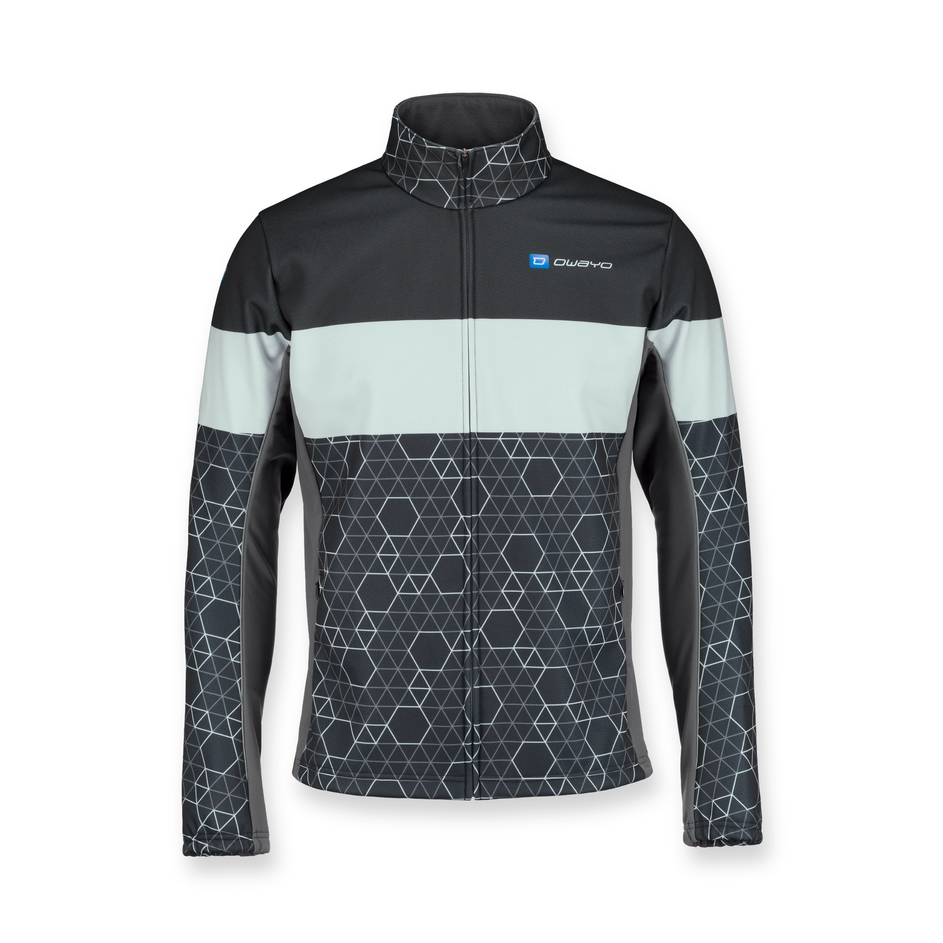 Schwarze Sportjacke mit geometrischem Design und Stehkragen.