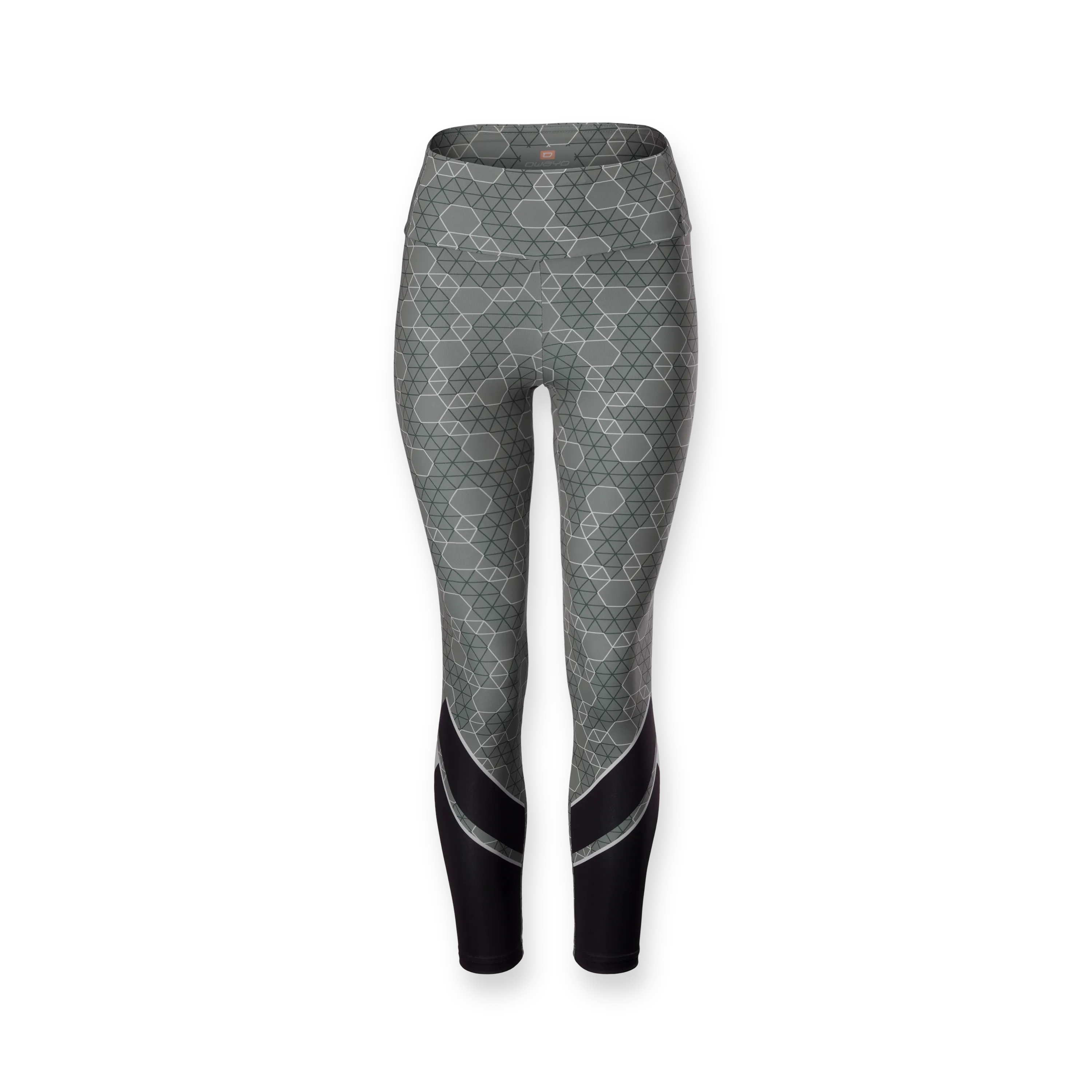 Graue, gemusterte Sportleggings mit einem schmalen, schwarzen Bund und seitlichen schwarzen Einsätzen.