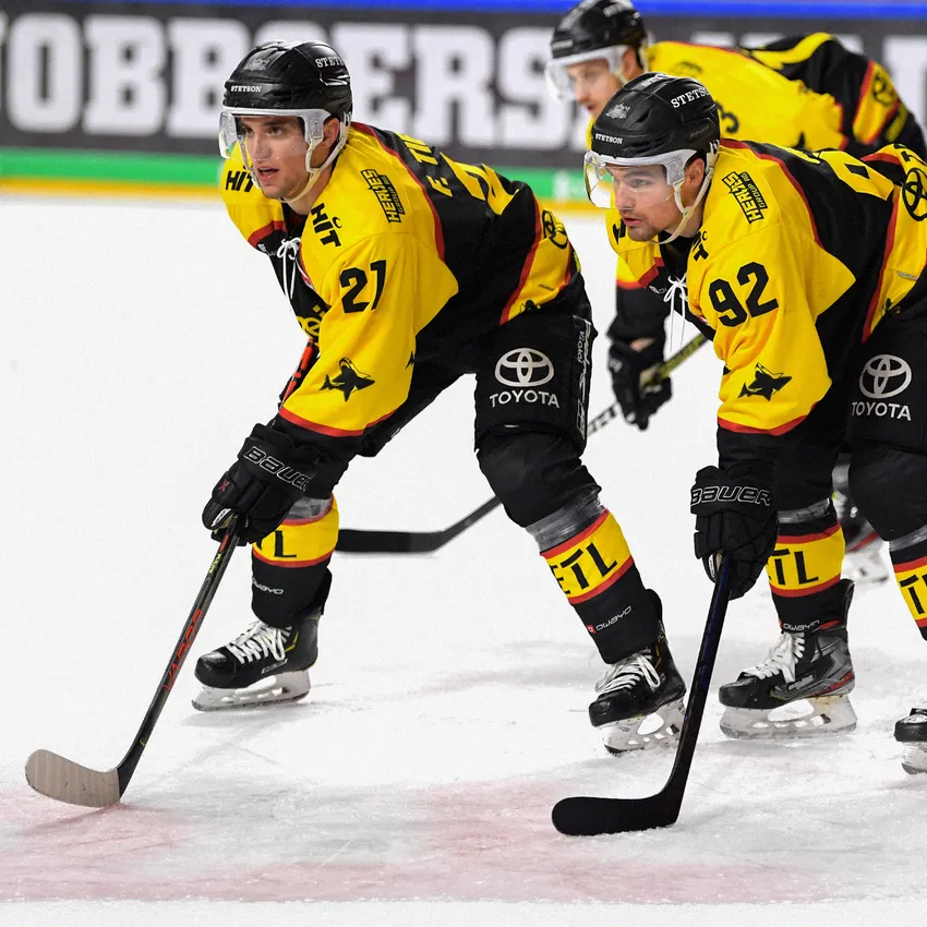 Zwei Eishockeyspieler in gelb-schwarzen Trikots spielen auf dem Eis.