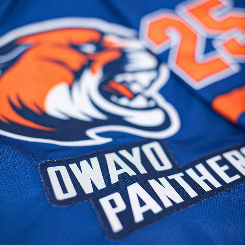 Nahaufnahme eines blauen Sporttrikots mit einem Tigerlogo und der Nummer 25.