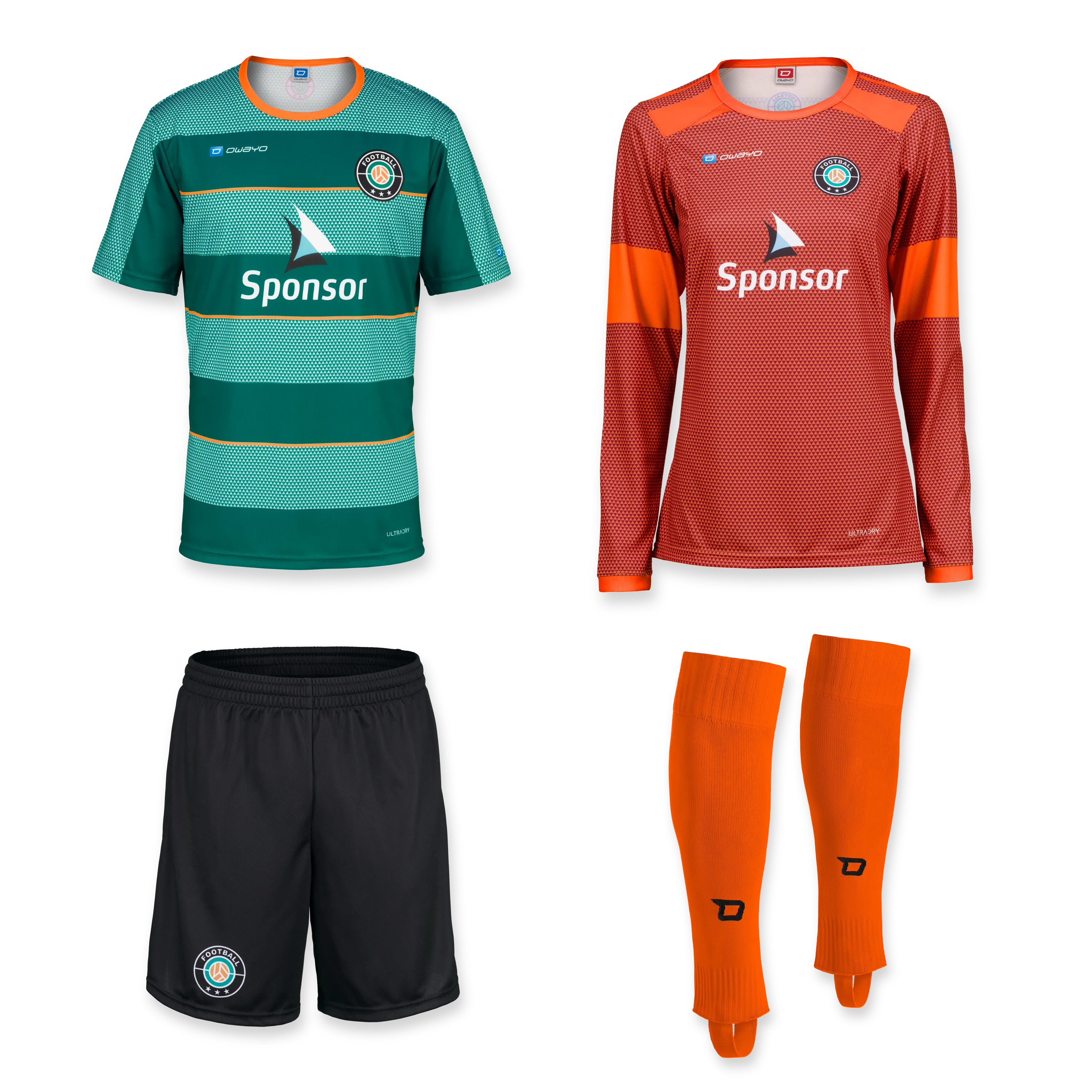 Ein Set aus einem grünen gestreiften Fußballtrikot, einem roten Langarmtrikot, schwarzen Shorts und orangefarbenen Stutzen.