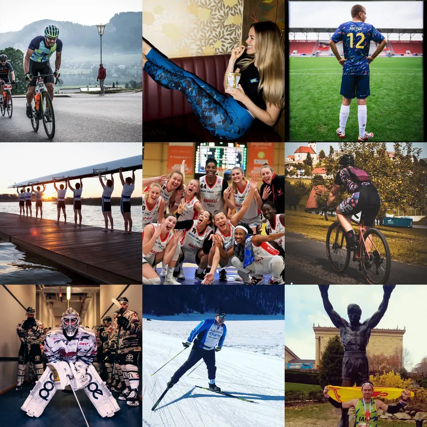 Eine Collage von Sportlern in verschiedenen Sportarten, darunter Radfahren, Basketball, Rudern, und Eiskunstlauf, die in angepasster Sportbekleidung abgebildet sind.