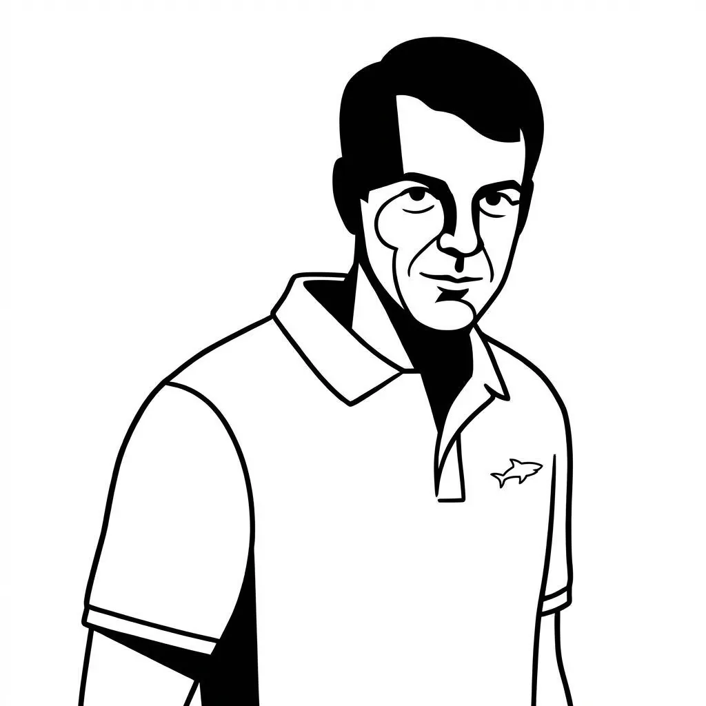 Eine schwarz-weiße Zeichnung eines Mannes in einem Poloshirt mit einem Hai-Logo auf der Brust.