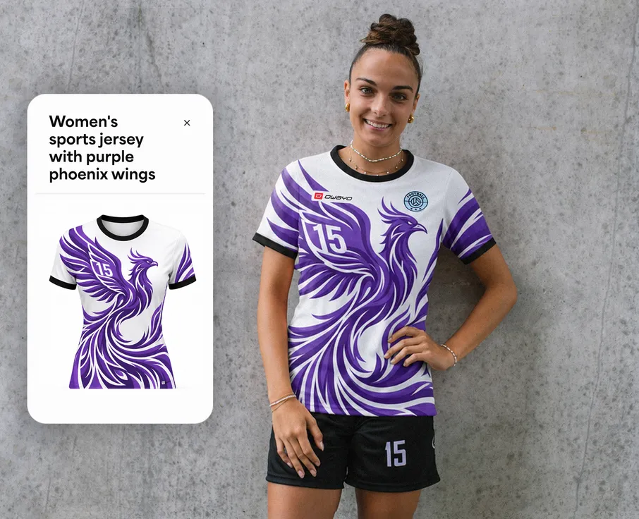 Eine Frau trägt ein sportliches Trikot mit lila Phönix-Flügeln und einer schwarzen Hose.