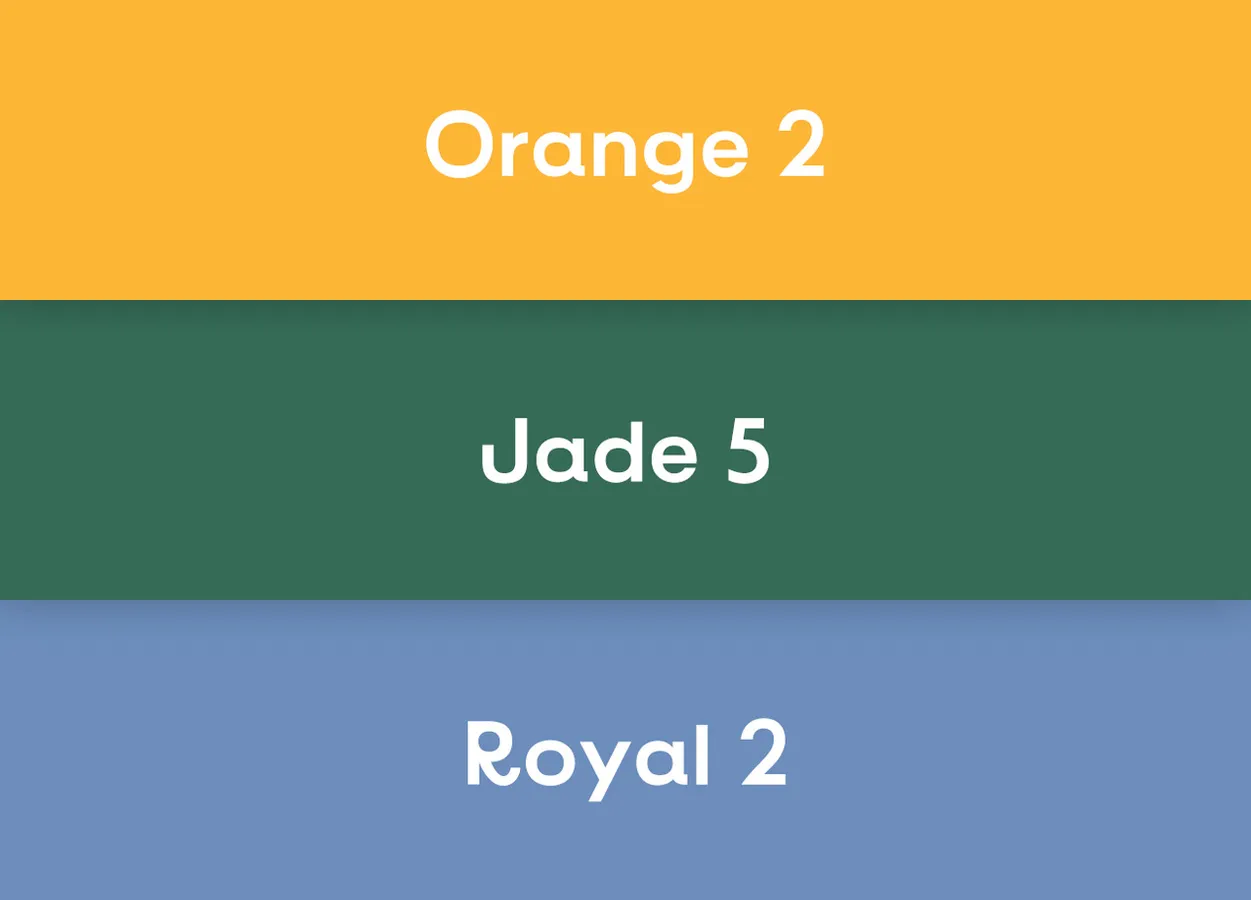 Drei horizontale Farbblöcke in Orange, Jade und Royalblau mit den Beschriftungen 'Orange 2', 'Jade 5' und 'Royal 2'.