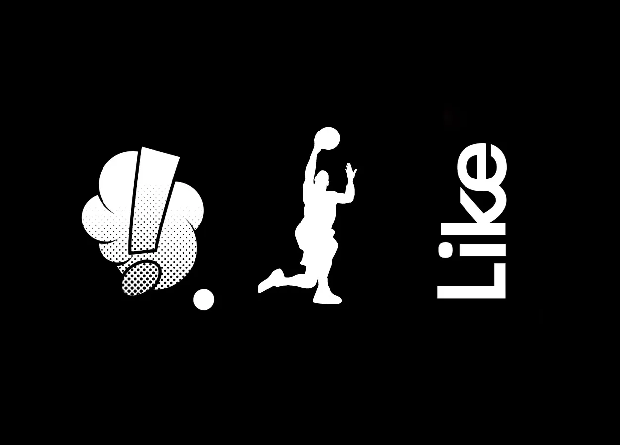 Weiß auf schwarzem Hintergrund dargestellte Grafik mit einem Comic-Sprechblasensymbol, einer Silhouette eines Basketballspielers und dem Wort 'Like'.