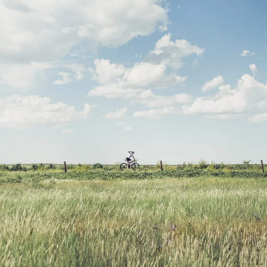 Ein Radfahrer fährt durch eine grüne Landschaft mit hohem Gras und einem blauen Himmel mit Wolken.