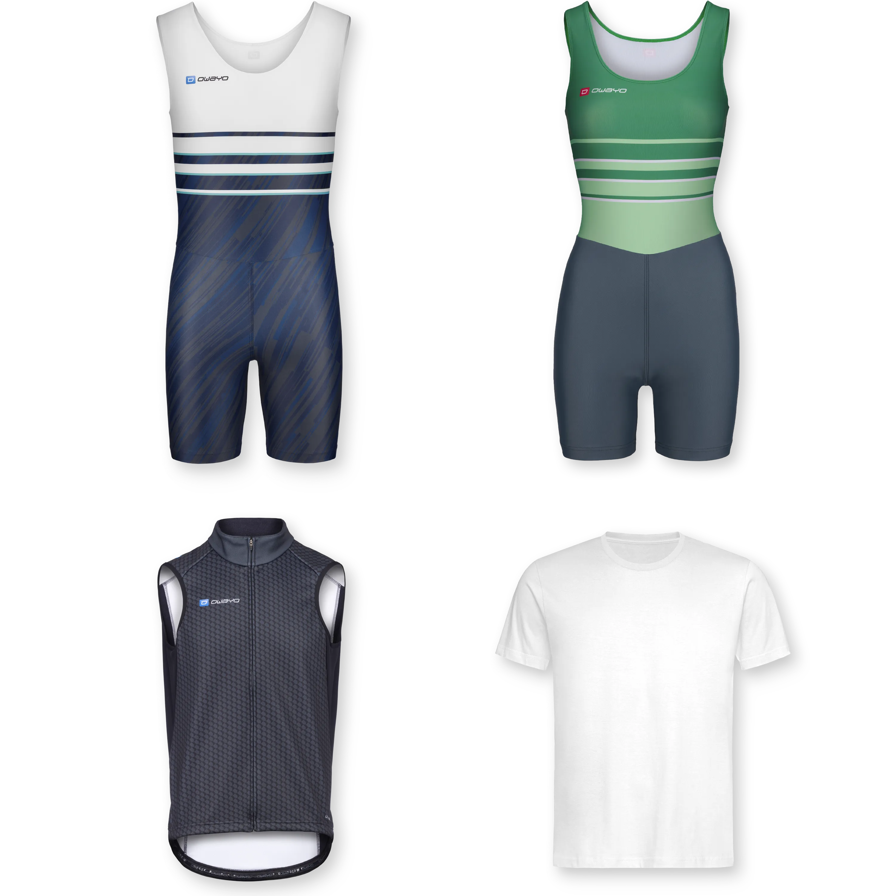 Alle Produkte Verschiedene Sportbekleidungsstücke für Rudersport, einschließlich einteiliger Anzüge und einem T-Shirt.