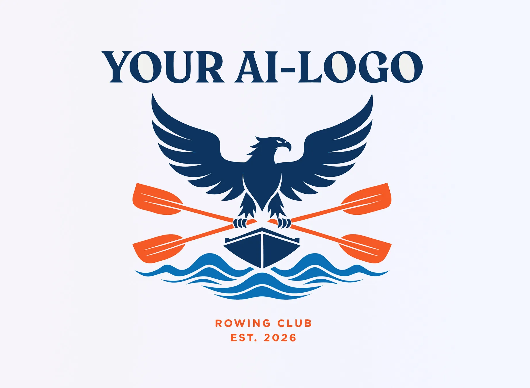 Ein stilisiertes Logo eines Ruderclubs mit einem Adler, der ein Boot und zwei Ruder über Wellen hält.