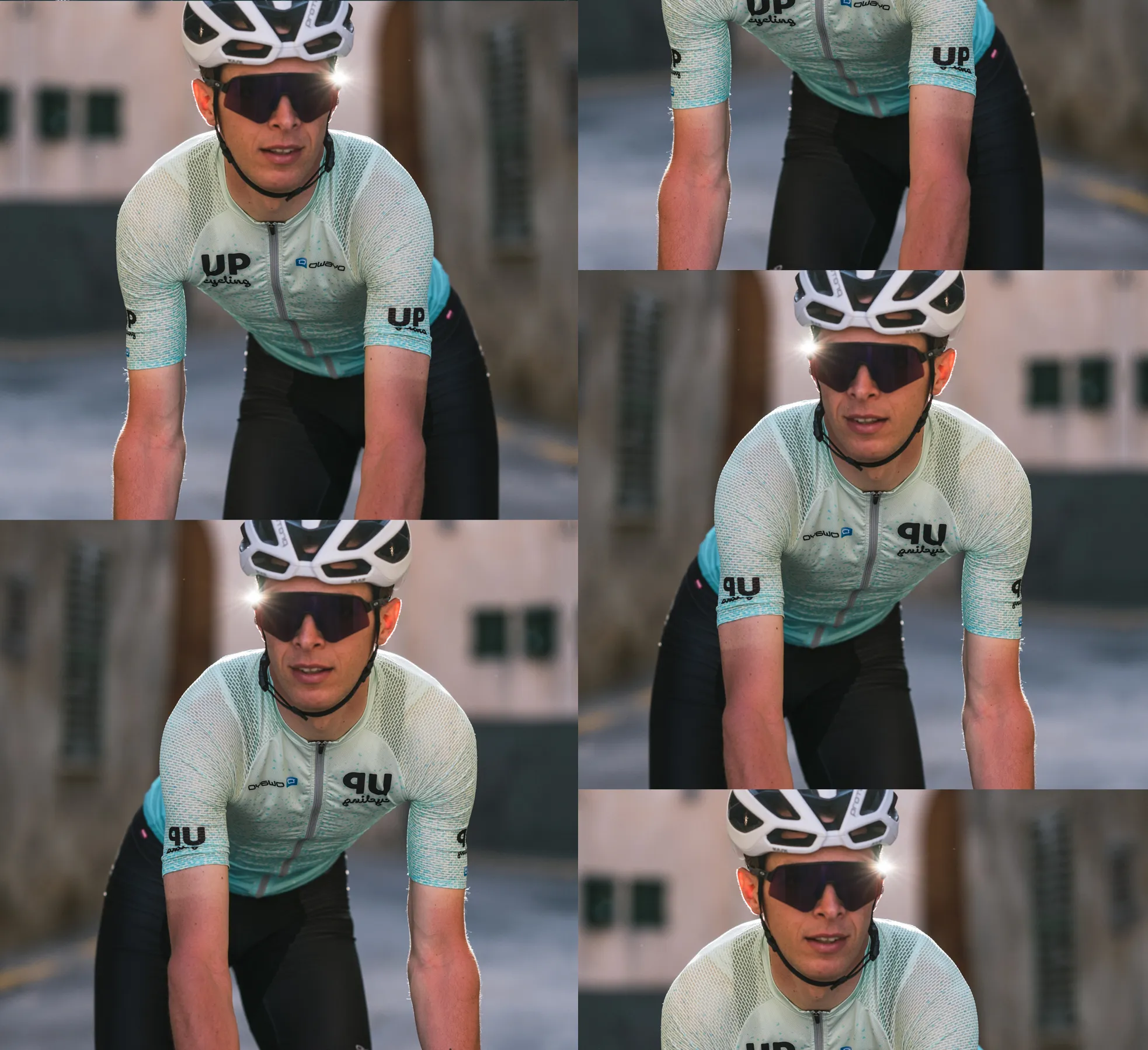 Ein Radfahrer in einem maßgeschneiderten, hellblauen Trikot mit dem Logo 'UP cycling' und 'owayo' auf der Brust, der auf einer Straße fährt.